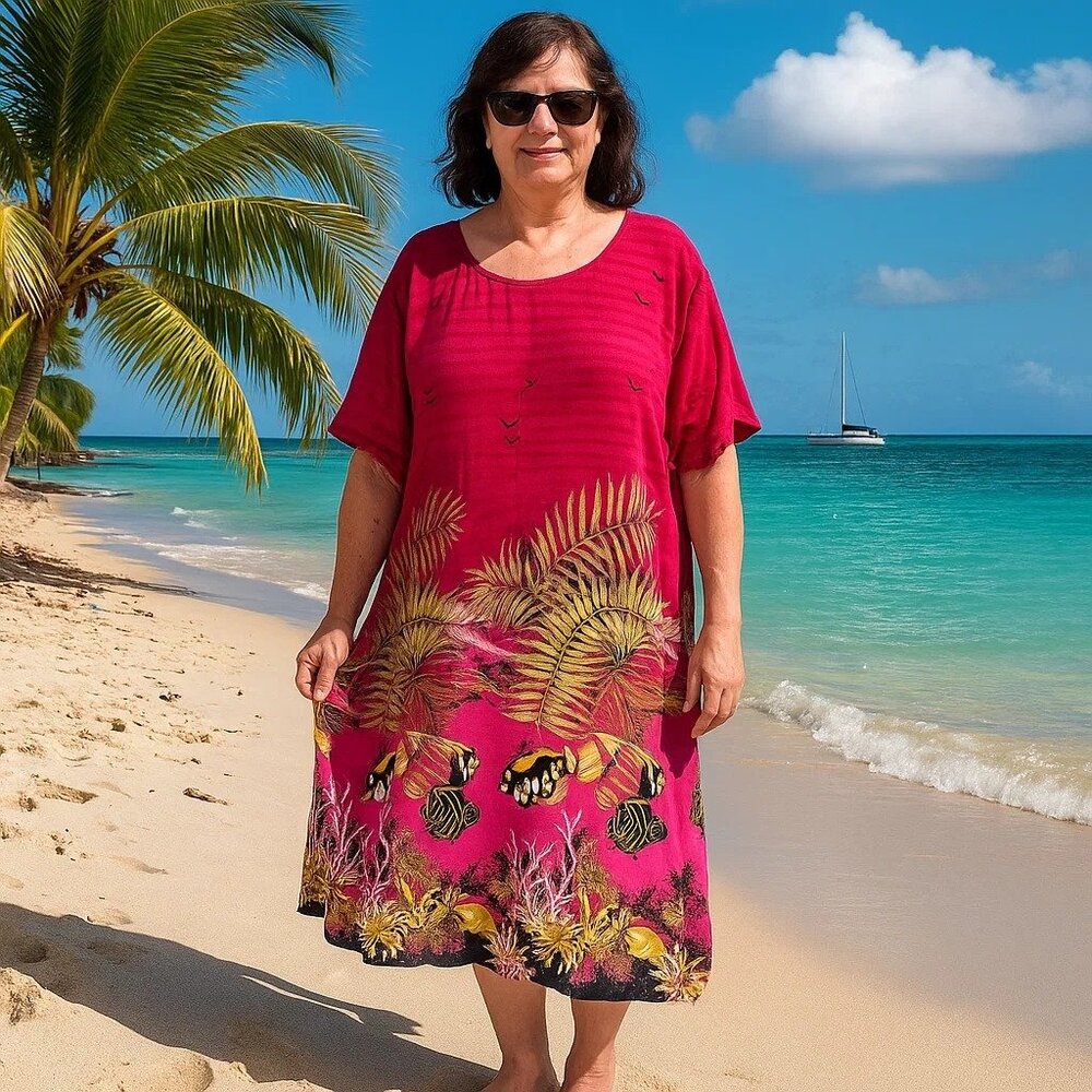La Cera Pink Tropical Fish Vacation Resort Wear Birds Short Sleeve Shirt Dress 5